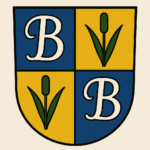 Beeler-Breitenbach Familienwappen, B Anfangsbuchstaben für Beeler und mit grünem zweiblättrigem Rohrkolben